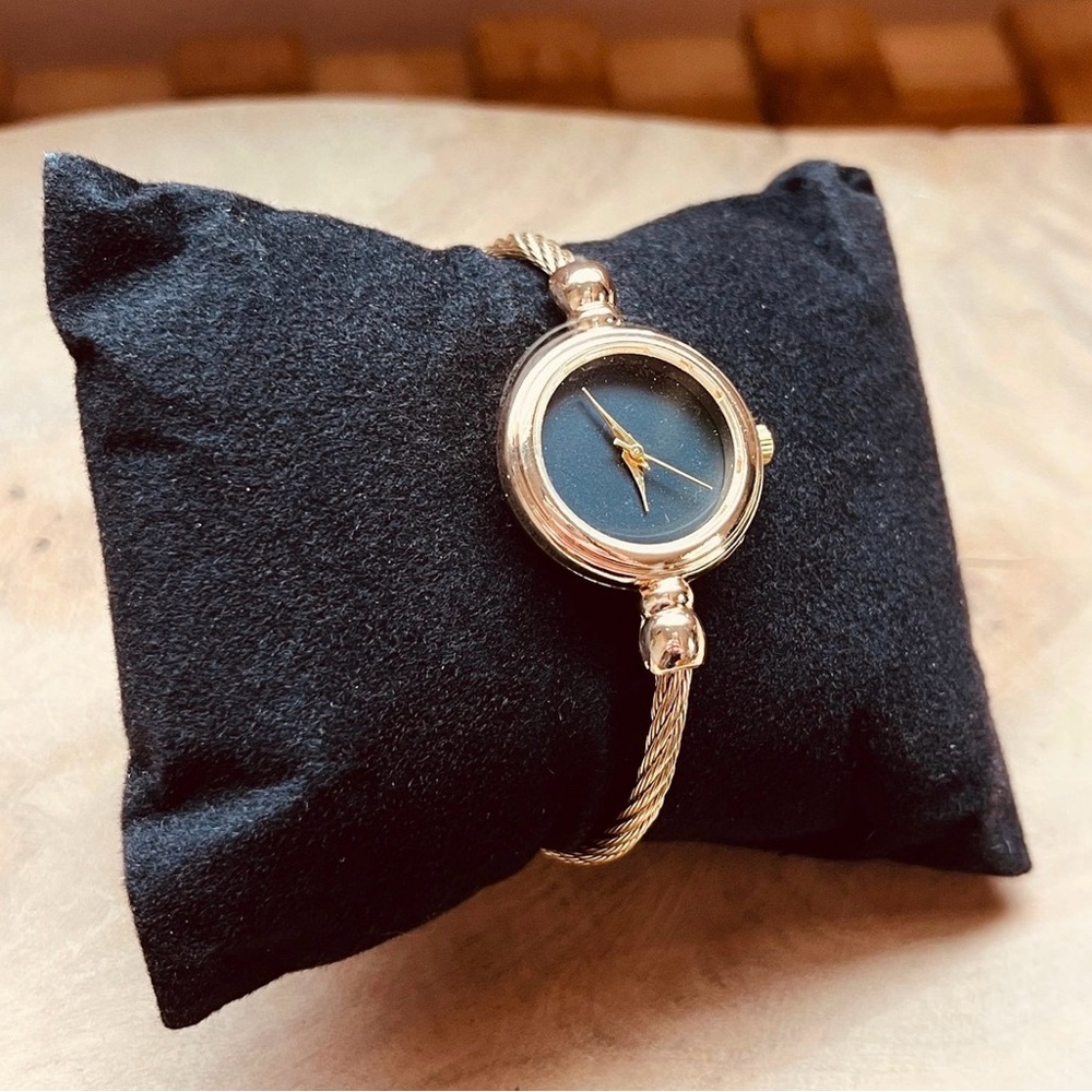 Gold Rope Bangle Watch, Pointer Quartz, Black Gold Watch, Adjustable Bracelet